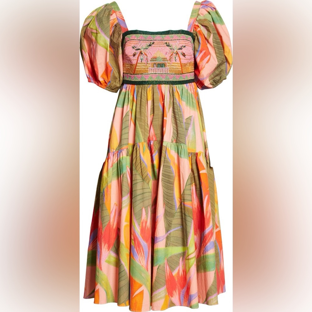 Farm Rio Pink Garden Embroidered Dress